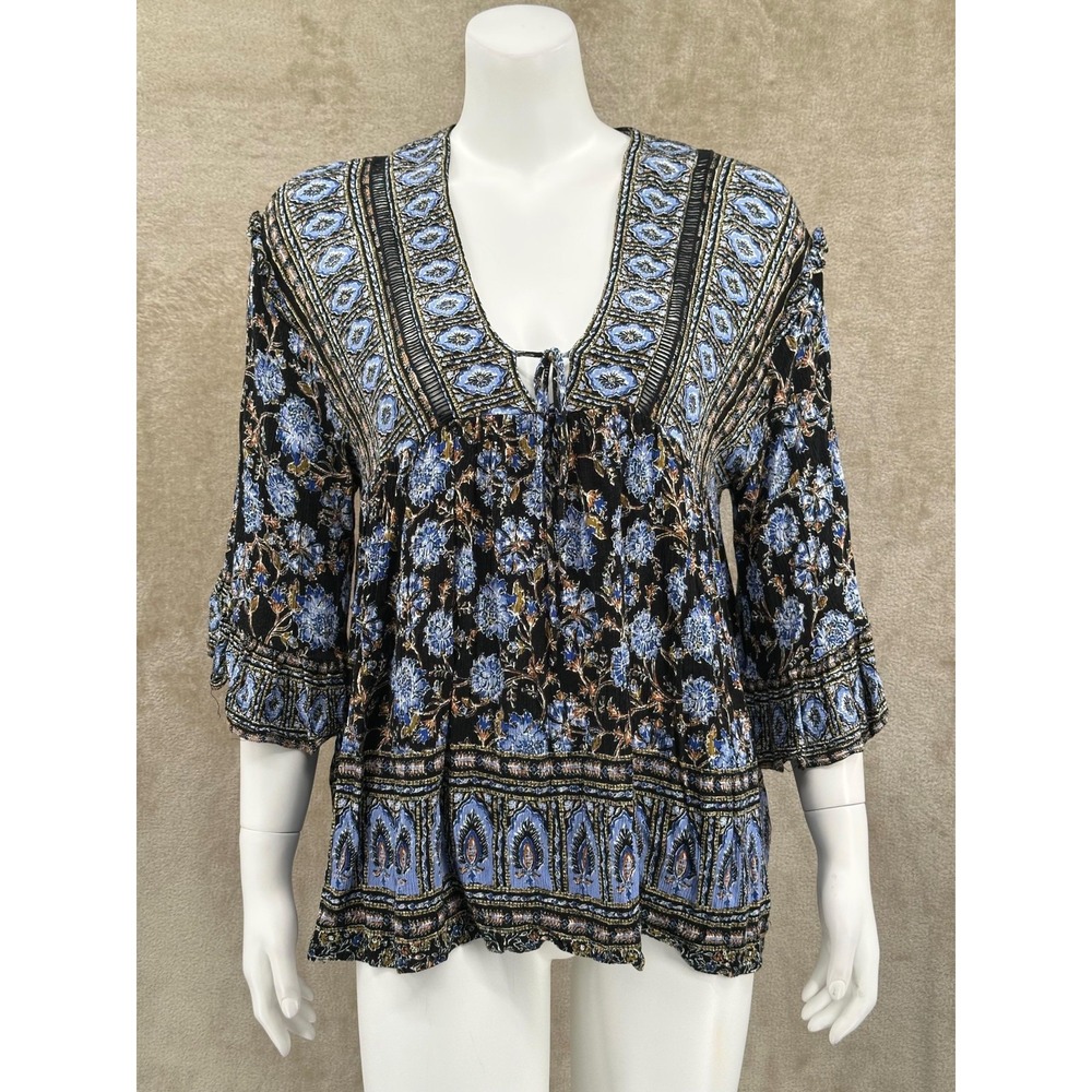 Free People Top Women XS Black Floral Moonlight Dance Tunic Boho Peasant Cottage